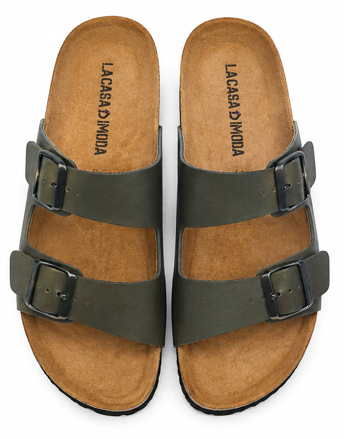 LA CASA DI MODA Men's Olive Green Double Strap Cork Sandals