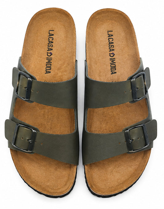 LA CASA DI MODA Men's Olive Green Double Strap Cork Sandals