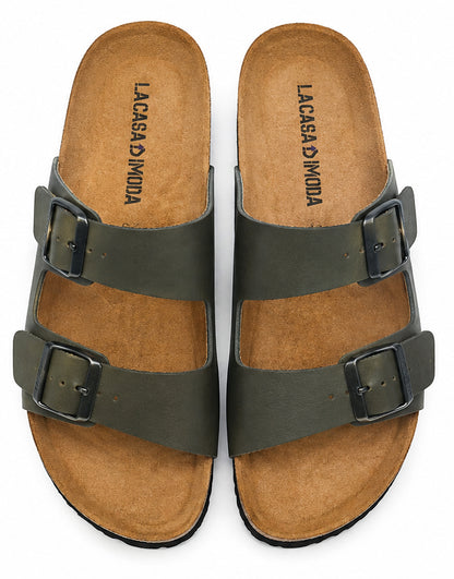 LA CASA DI MODA Men's Olive Green Double Strap Cork Sandals