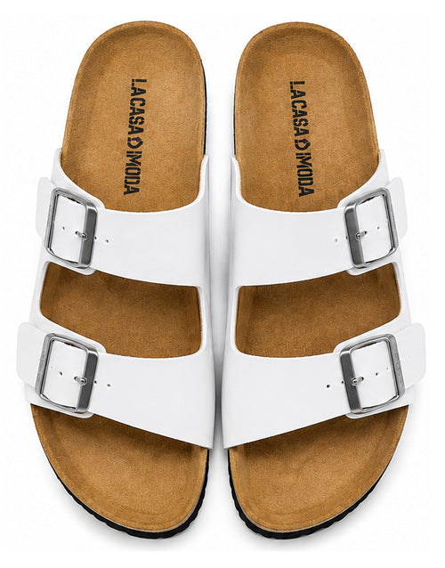 LA CASA DI MODA Men's White Double Strap Cork Slide Sandals
