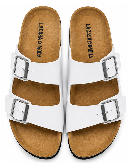 LA CASA DI MODA Men's White Double Strap Cork Slide Sandals