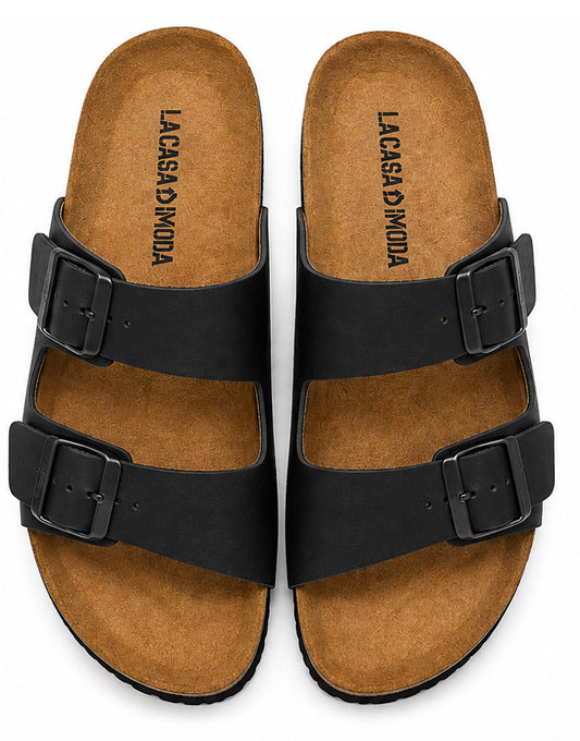 LA CASA DI MODA Men's Black Double Strap Cork Slides
