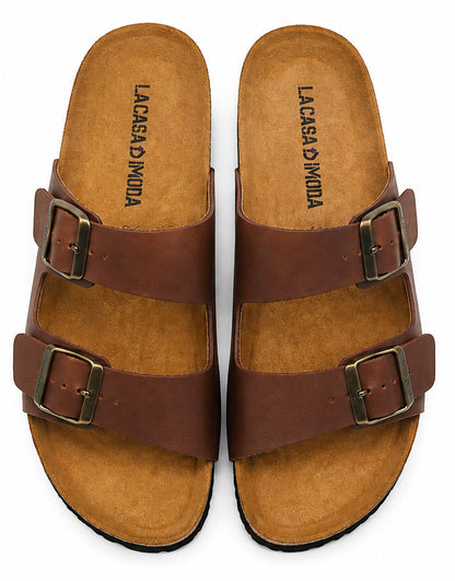 LA CASA DI MODA Men's Brown Double Strap Cork Sandals